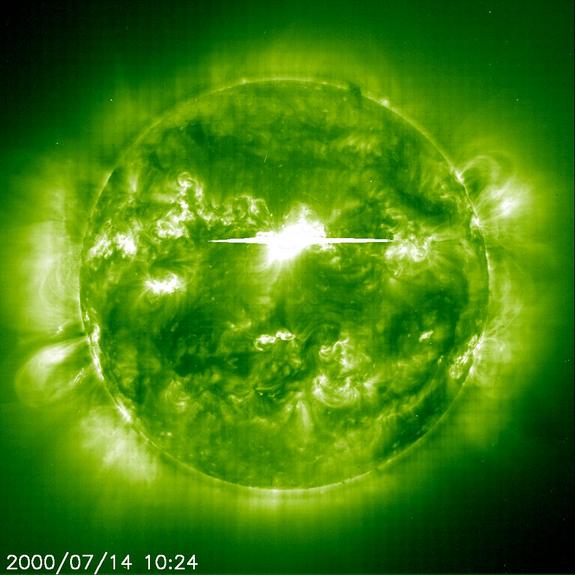 Solar flare seen by SOHO EIT on 14 July 2000.  Credit: NASA